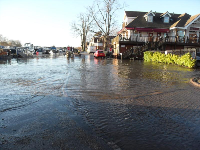 The riverside pub was cut off by the flood water