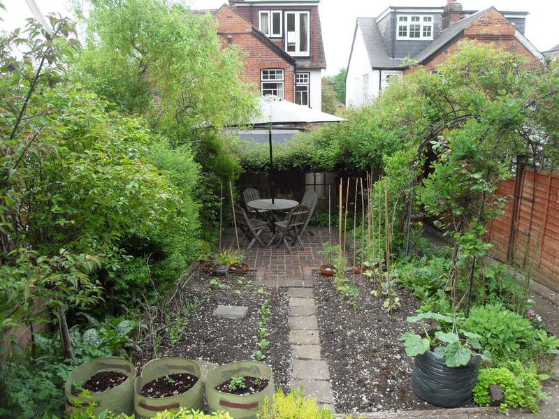 The patio is surrounded by greenery