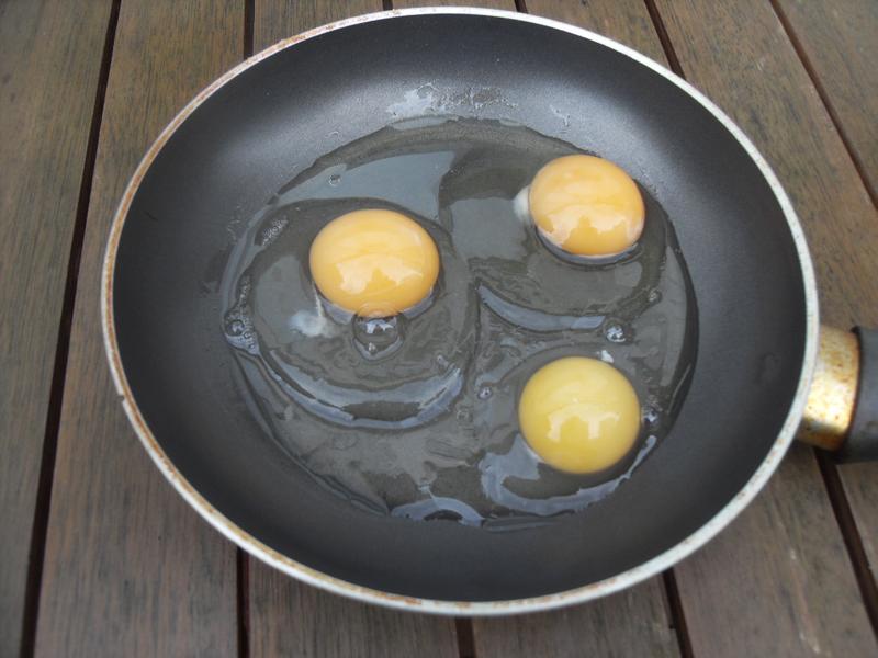 The first egg of the year in the front of the frying pan